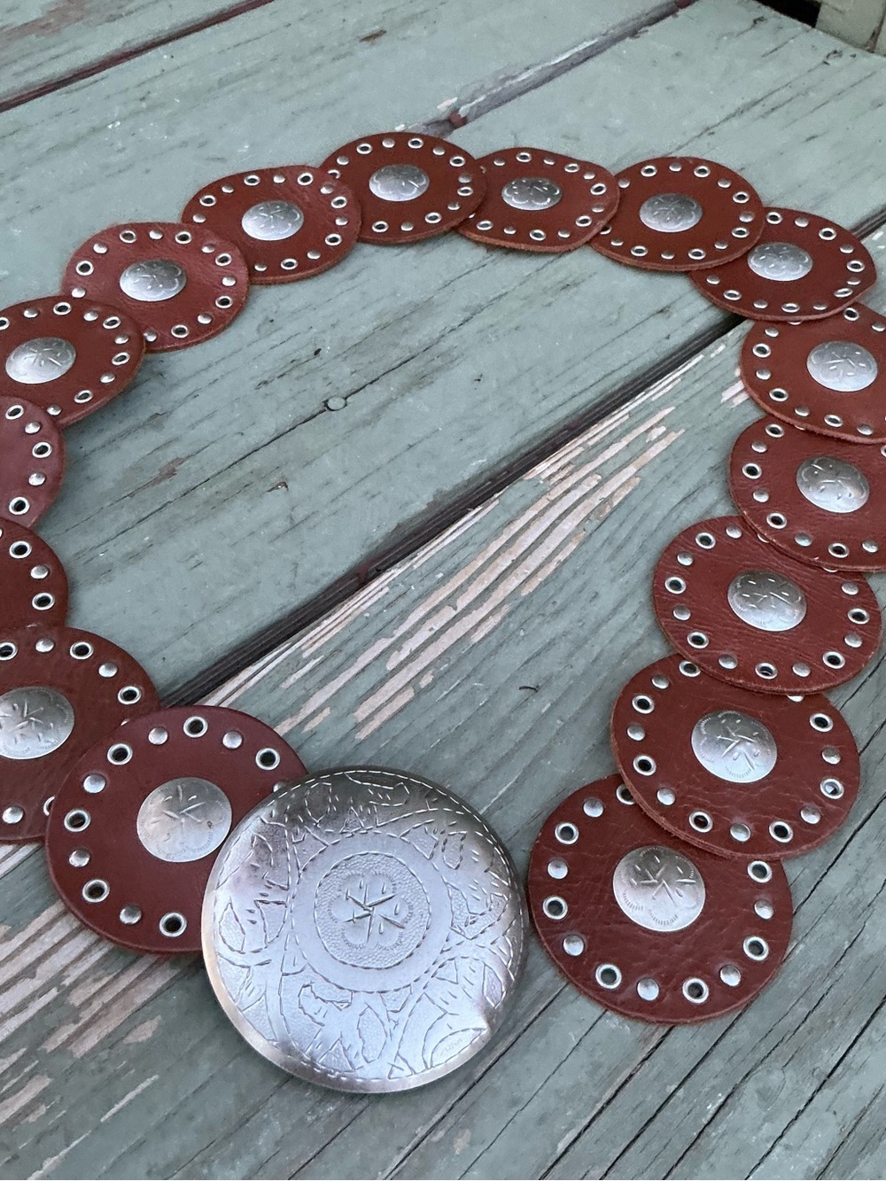 Women's Leather Discs SilverBrown Belt Boho Vintage Moroccan Brass Medallion